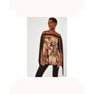 Cape Overlay Sleeve Printed Top Brown/Multi UK 8-10