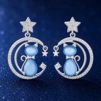 Furry Companions Cat on Moon Earrings