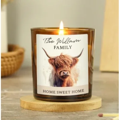 Personalised Highland Cow Amber Glass Candle