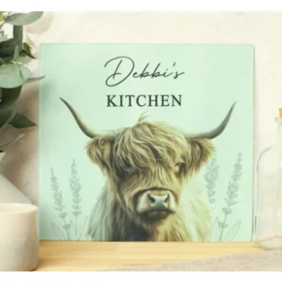 Personalised Highland Cow Glass Chopping Board