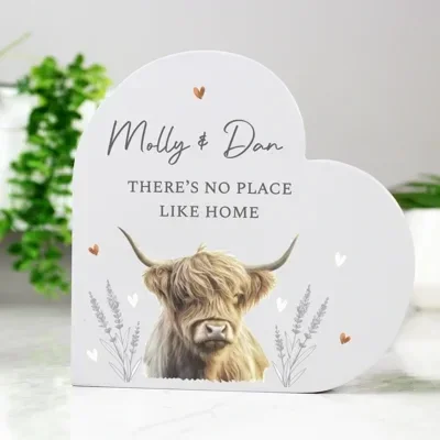Personalised Highland Cow Wooden Heart Ornament