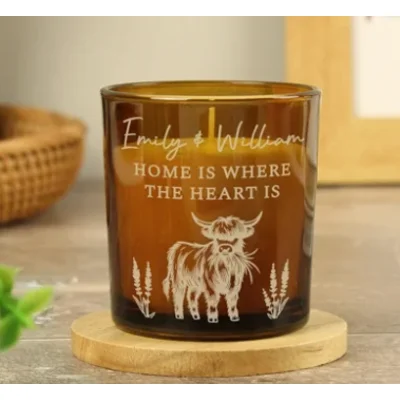 Personalised Engraved Highland Cow Amber Glass Candle