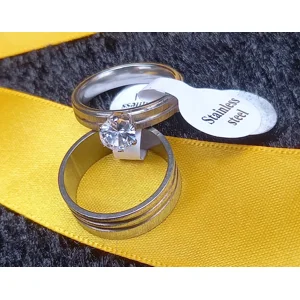 Brushed Stainless Steel Triple-Groove Wedding Ring Set