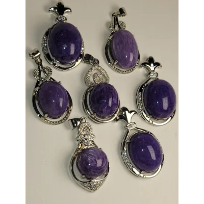 SALE thru Feb 25th Natural Charoite Pendants 7pcs Total SS925 stamped but Do Not Test as SS925!