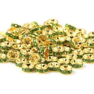 Rondelle Green . Gold Rhinestone Spacer Beads. 6 x 2 mm (10)