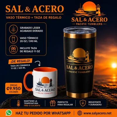 Vaso Térmico Negro 20 oz Acabado Dorado + Taza de Regalo