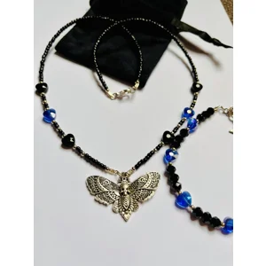 Death Moth Black and Purple Glass Beaded Necklace and Bracelet Set