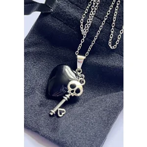 Obsidian Heart Gothic Skeleton Key Pendant Chain Necklace