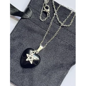 Gothic Pentagram and Obsidian Heart Pendant Chain Necklace