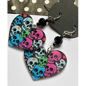 Punk Skull Goth Heart Bead Charm Dangle Earrings