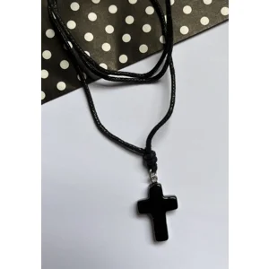 Obsidian Gothic Cross Pendant on Adjustable Cord Necklace
