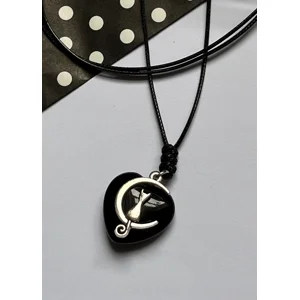 Gothic Obsidian Heart Silver Charm Cat and Moon Pendant