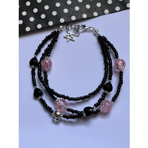 Gothic Black and Pink Glass Beaded Skull Bracelet