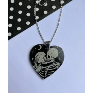 Skeleton Couple Acrylic Heart Pendant Charm Necklace