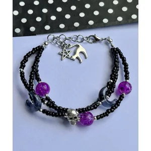 Gothic Celestial  Celestial Magic Purple and Black Glass Beaded Cat Pentagram Charm Bracelet