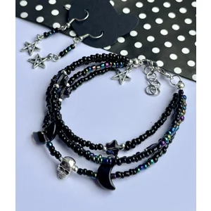 Hand Crafted Gothic Alternative Skull Beaded Star and Moon Bracelet and Earrings Set