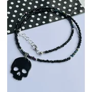 Hand Crafted Glass Bead Acrylic Black Skull Necklace