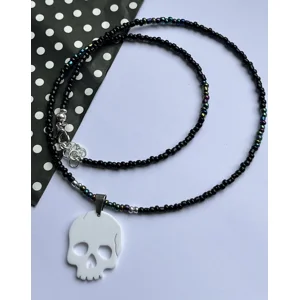 Hand Crafted Beaded Acrylic Goth White Skull Necklace