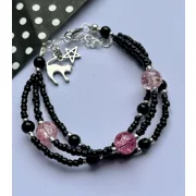 Hand Crafted Pink and Black Glass Bead Cat Pentagram Charm Bracelet Gothic Alternative