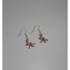 Pink & Gold Dragonfly Dangle Earrings