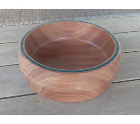 Red hardwood hand turned fruit bowl with emerald green inlay
