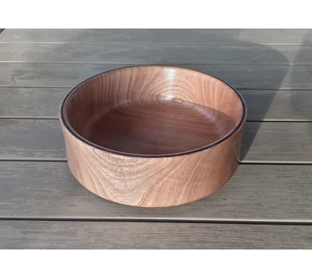 Red hardwood hand turned fruit bowl with purple inlay