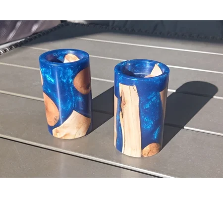 Birchwood and blue resin t-light holders