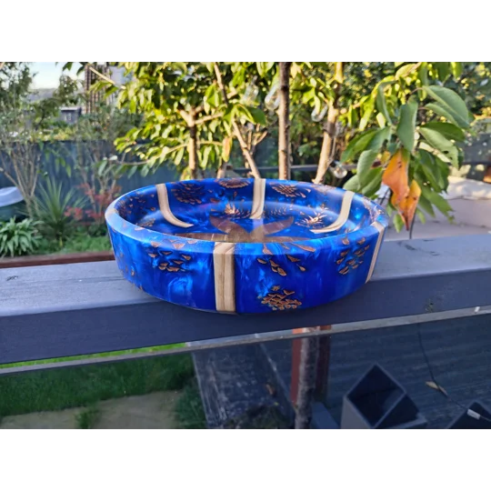Handmade wooden fruit bowl with blue resin