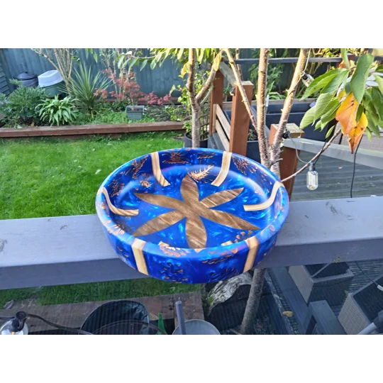 Handmade wooden fruit bowl with blue resin