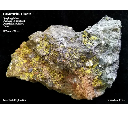 Tyuyamunite, Fluorite - Qinglong Mine, China