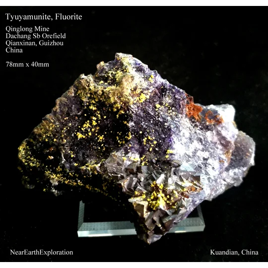 Tyuyamunite, Fluorite - Qinglong Mine, China