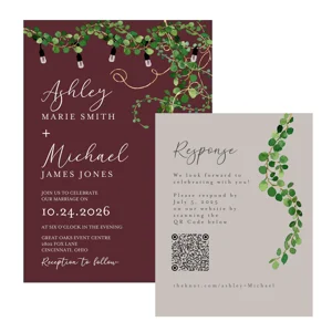 Wedding Invitations Personalized Wedding with RSVP Option Burgundy Greenery Lights Ivy Price shown i