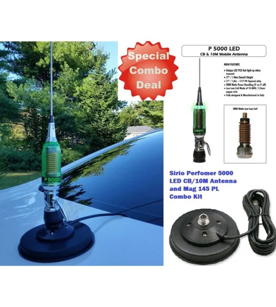 CB MOBILE ANTENNA SIRIO PERFORMER 5000 PL WITH LED + SIRIO MAG MOUNT 145PL COAX
