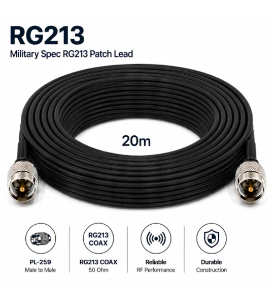 RG213 Coaxial Patch Lead, 20 m, Military Specification, 2 x PL259