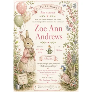 Baby Girl Birth Announcement Print Beatrix Potter