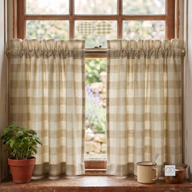 Additional Image for Cream & Beige Plaid Curtains: Farmhouse Style Kitchen Tiers