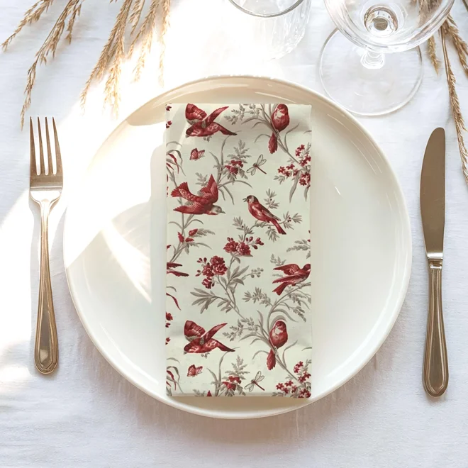 Additional Image for French Country Red Finch Toile Cotton Table Runner, Placemats, & Napkins