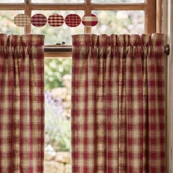 Red & Tan Plaid Curtains: Rustic Farmhouse Window Tiers