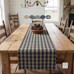 Navy Blue & Tan Plaid Table Runner: Country Rustic Decor, Placemats and Napkins