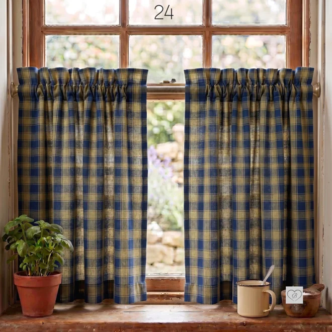 Additional Image for Navy Blue & Tan Plaid Curtains: Rustic Country Window Tiers