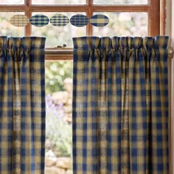 Navy Blue & Tan Plaid Curtains: Rustic Country Window Tiers