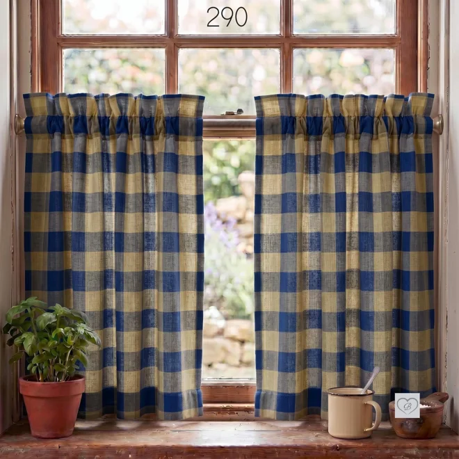 Additional Image for Navy Blue & Tan Plaid Curtains: Rustic Country Window Tiers