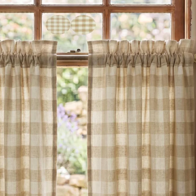 product Image for Cream & Beige Plaid Curtains: Farmhouse Style Kitchen Tiers