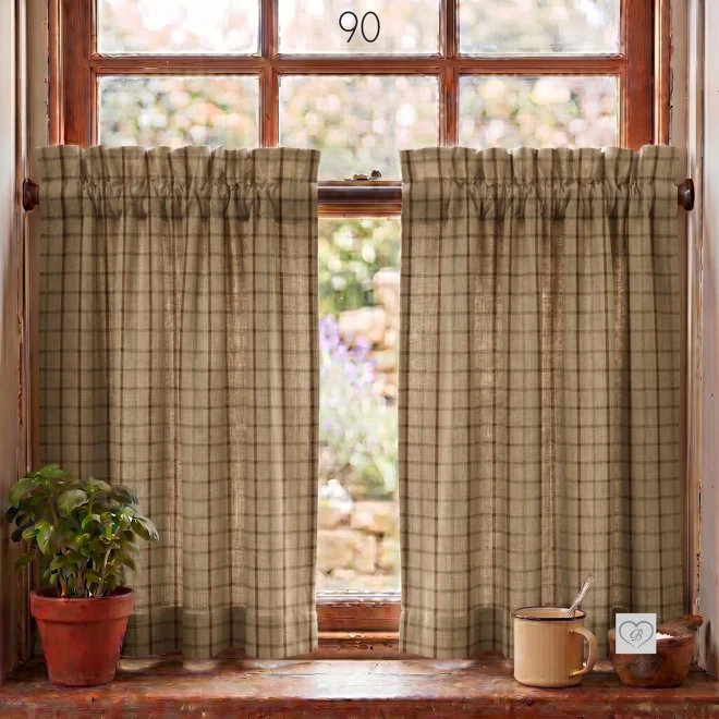 Additional Image for Brown & Tan Plaid Curtains: Rustic Farmhouse Window Tiers