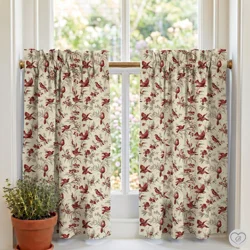 French Country Toile Curtains, Red Bird Floral Kitchen Window Tiers, Farmhouse..