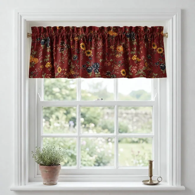 product Image for Sunflower & Rose Cottage Cotton Valance - burgundy red