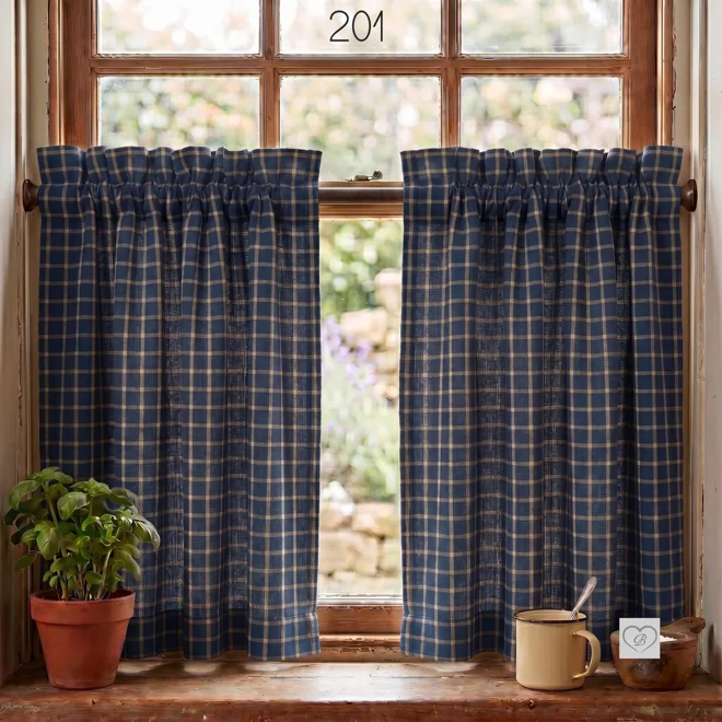 Additional Image for Navy Blue & Tan Plaid Curtains: Rustic Country Window Tiers