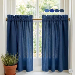 Dark Blue Cafe Curtains, Custom Size Cotton Kitchen Tiers - Rod Pocket