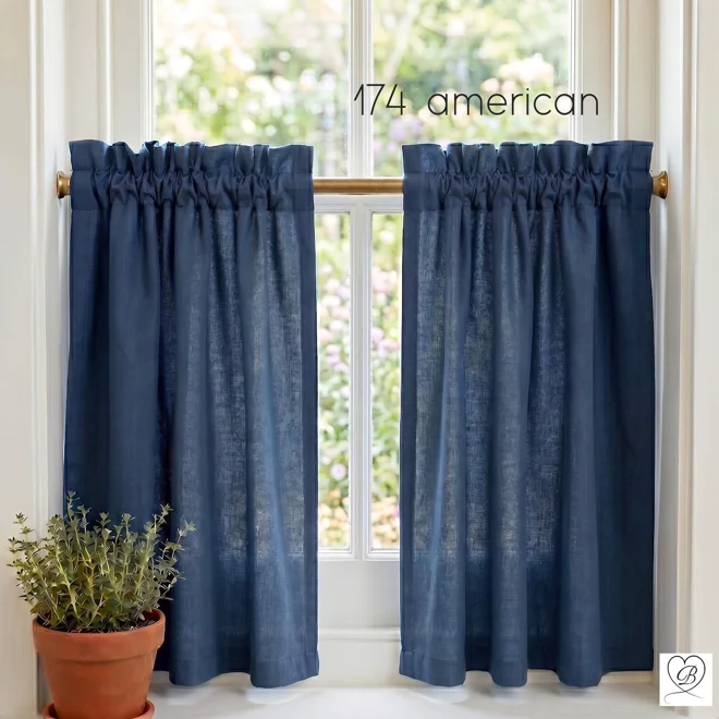 Additional Image for Dark Blue Cafe Curtains, Custom Size Cotton Kitchen Tiers - Rod Pocket