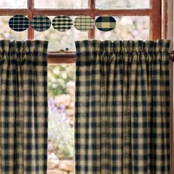 Black & Tan Plaid and Check Curtains: Primitive Country Kitchen Tiers